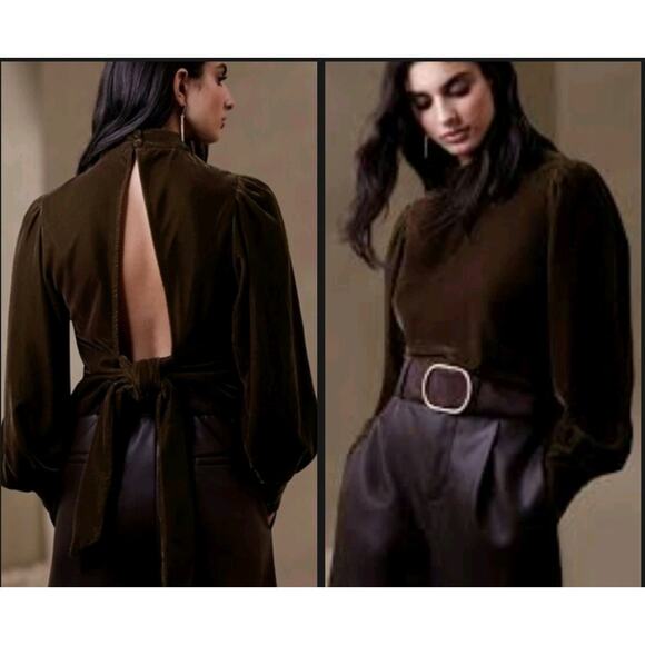 Banana Republic Blouse Womens Chocolate Velvet Mock Neck Open Back Tie Waist Med - Picture 1 of 8